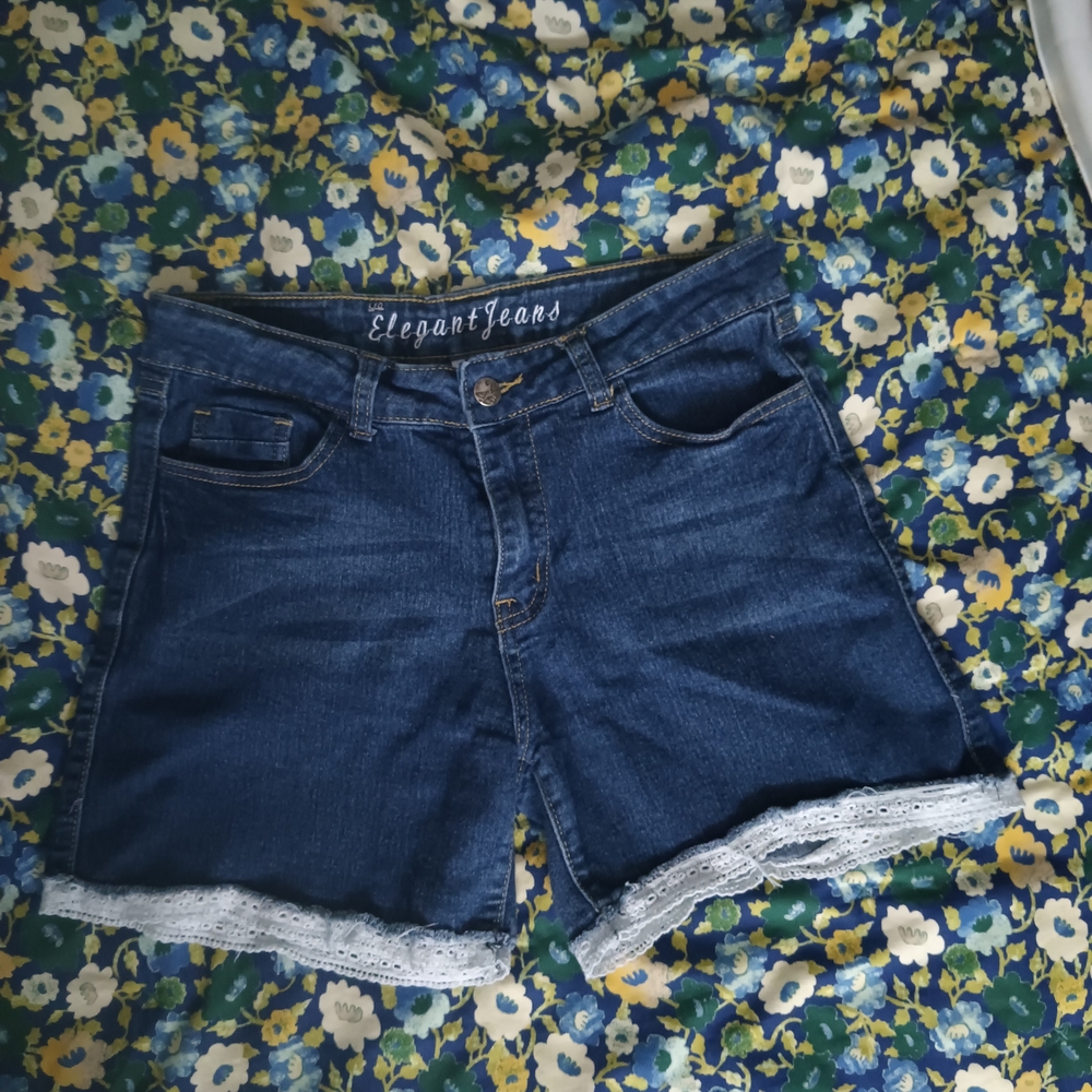 Women's Blue Denim Shorts with Lace Trim